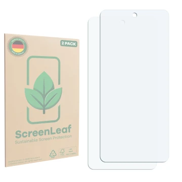 Parte frontal de un envase de producto con el logotipo de la marca ScreenLeaf. Al lado está el protector de pantalla correspon