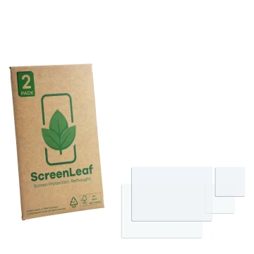 Parte frontal de un envase de producto con el logotipo de la marca ScreenLeaf. Al lado está el protector de pantalla correspon