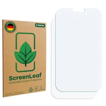 Parte frontal de un envase de producto con el logotipo de la marca ScreenLeaf. Al lado está el protector de pantalla correspon