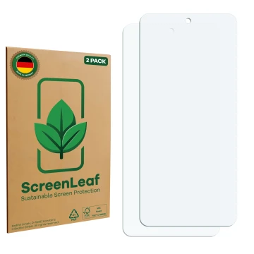 Parte frontal de un envase de producto con el logotipo de la marca ScreenLeaf. Al lado está el protector de pantalla correspon