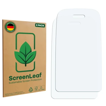 Parte frontal de un envase de producto con el logotipo de la marca ScreenLeaf. Al lado está el protector de pantalla correspon