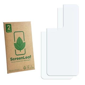 Parte frontal de un envase de producto con el logotipo de la marca ScreenLeaf. Al lado está el protector de pantalla correspon