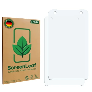Parte frontal de un envase de producto con el logotipo de la marca ScreenLeaf. Al lado está el protector de pantalla correspon