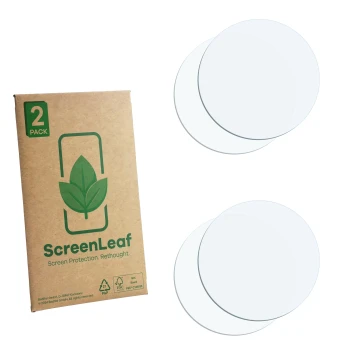 Parte frontal de un envase de producto con el logotipo de la marca ScreenLeaf. Al lado está el protector de pantalla correspon