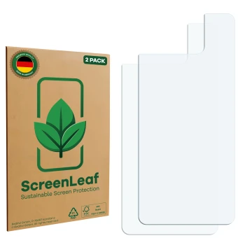 Parte frontal de un envase de producto con el logotipo de la marca ScreenLeaf. Al lado está el protector de pantalla correspon
