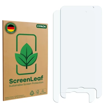 Parte frontal de un envase de producto con el logotipo de la marca ScreenLeaf. Al lado está el protector de pantalla correspon