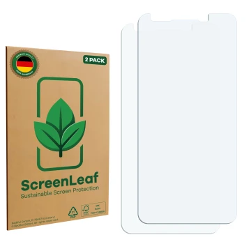 Parte frontal de un envase de producto con el logotipo de la marca ScreenLeaf. Al lado está el protector de pantalla correspon