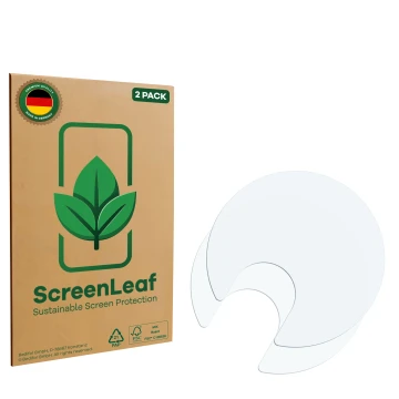 Parte frontal de un envase de producto con el logotipo de la marca ScreenLeaf. Al lado está el protector de pantalla correspon