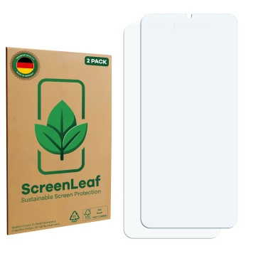 Parte frontal de un envase de producto con el logotipo de la marca ScreenLeaf. Al lado está el protector de pantalla correspon