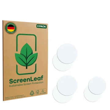 Parte frontal de un envase de producto con el logotipo de la marca ScreenLeaf. Al lado está el protector de pantalla correspon