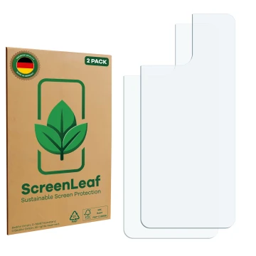 Parte frontal de un envase de producto con el logotipo de la marca ScreenLeaf. Al lado está el protector de pantalla correspon