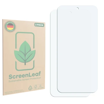 Parte frontal de un envase de producto con el logotipo de la marca ScreenLeaf. Al lado está el protector de pantalla correspon