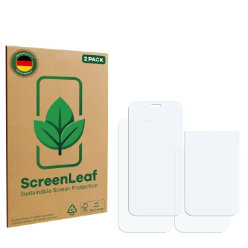 Parte frontal de un envase de producto con el logotipo de la marca ScreenLeaf. Al lado está el protector de pantalla correspon