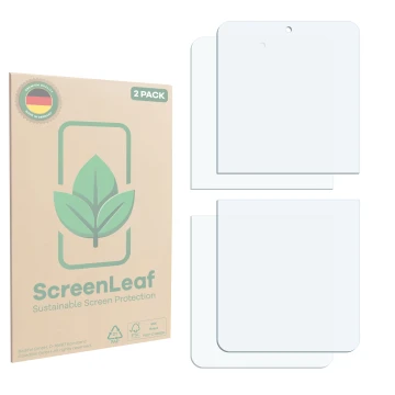 Parte frontal de un envase de producto con el logotipo de la marca ScreenLeaf. Al lado está el protector de pantalla correspon