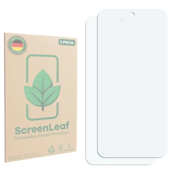 Parte frontal de un envase de producto con el logotipo de la marca ScreenLeaf. Al lado está el protector de pantalla correspon