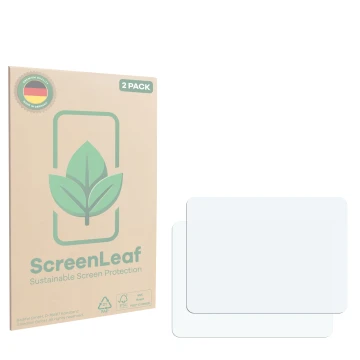 Parte frontal de un envase de producto con el logotipo de la marca ScreenLeaf. Al lado está el protector de pantalla correspon