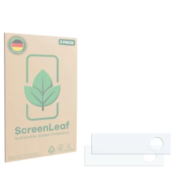 Parte frontal de un envase de producto con el logotipo de la marca ScreenLeaf. Al lado está el protector de pantalla correspon