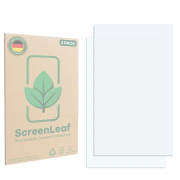 Parte frontal de un envase de producto con el logotipo de la marca ScreenLeaf. Al lado está el protector de pantalla correspon