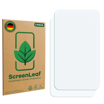 Parte frontal de un envase de producto con el logotipo de la marca ScreenLeaf. Al lado está el protector de pantalla correspon