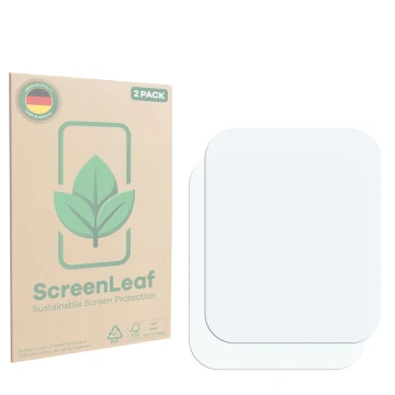 Parte frontal de un envase de producto con el logotipo de la marca ScreenLeaf. Al lado está el protector de pantalla correspon