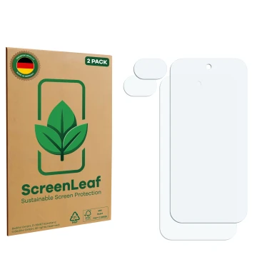 Parte frontal de un envase de producto con el logotipo de la marca ScreenLeaf. Al lado está el protector de pantalla correspon