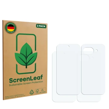 Parte frontal de un envase de producto con el logotipo de la marca ScreenLeaf. Al lado está el protector de pantalla correspon