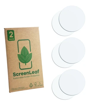 Parte frontal de un envase de producto con el logotipo de la marca ScreenLeaf. Al lado está el protector de pantalla correspon