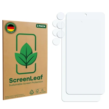 Parte frontal de un envase de producto con el logotipo de la marca ScreenLeaf. Al lado está el protector de pantalla correspon