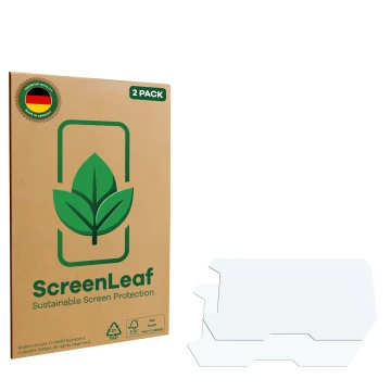 Parte frontal de un envase de producto con el logotipo de la marca ScreenLeaf. Al lado está el protector de pantalla correspon