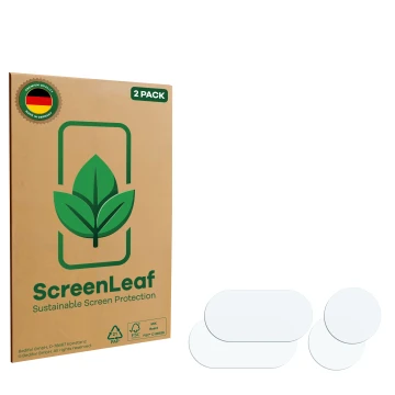 Parte frontal de un envase de producto con el logotipo de la marca ScreenLeaf. Al lado está el protector de pantalla correspon