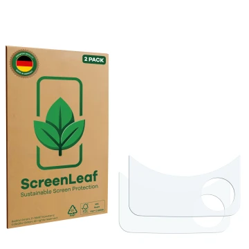 Parte frontal de un envase de producto con el logotipo de la marca ScreenLeaf. Al lado está el protector de pantalla correspon