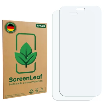 Parte frontal de un envase de producto con el logotipo de la marca ScreenLeaf. Al lado está el protector de pantalla correspon