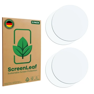 Parte frontal de un envase de producto con el logotipo de la marca ScreenLeaf. Al lado está el protector de pantalla correspon