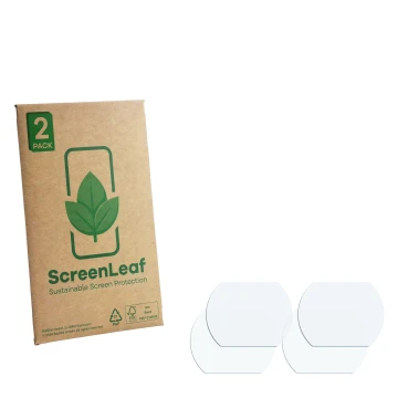 Parte frontal de un envase de producto con el logotipo de la marca ScreenLeaf. Al lado está el protector de pantalla correspon