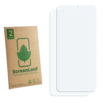 Parte frontal de un envase de producto con el logotipo de la marca ScreenLeaf. Al lado está el protector de pantalla correspon