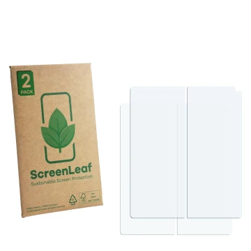 Parte frontal de un envase de producto con el logotipo de la marca ScreenLeaf. Al lado está el protector de pantalla correspon