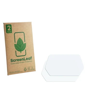 Parte frontal de un envase de producto con el logotipo de la marca ScreenLeaf. Al lado está el protector de pantalla correspon