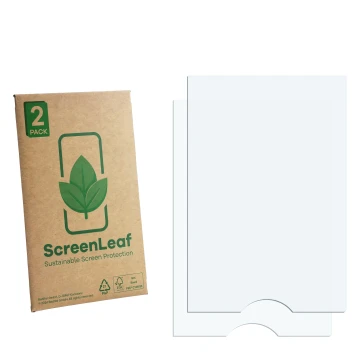 Parte frontal de un envase de producto con el logotipo de la marca ScreenLeaf. Al lado está el protector de pantalla correspon