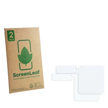 Parte frontal de un envase de producto con el logotipo de la marca ScreenLeaf. Al lado está el protector de pantalla correspon