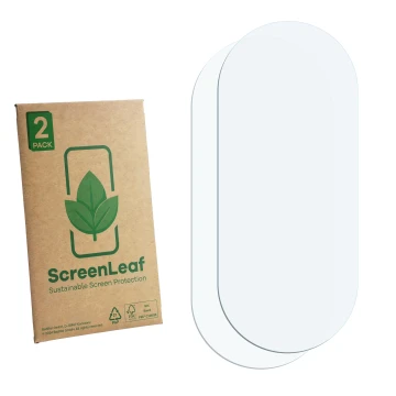 Parte frontal de un envase de producto con el logotipo de la marca ScreenLeaf. Al lado está el protector de pantalla correspon