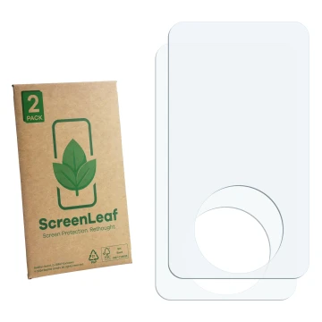 Parte frontal de un envase de producto con el logotipo de la marca ScreenLeaf. Al lado está el protector de pantalla correspon