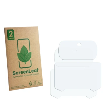 Parte frontal de un envase de producto con el logotipo de la marca ScreenLeaf. Al lado está el protector de pantalla correspon