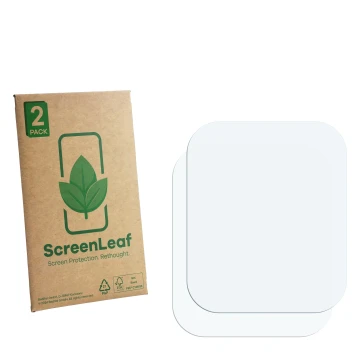 Parte frontal de un envase de producto con el logotipo de la marca ScreenLeaf. Al lado está el protector de pantalla correspon