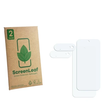Parte frontal de un envase de producto con el logotipo de la marca ScreenLeaf. Al lado está el protector de pantalla correspon