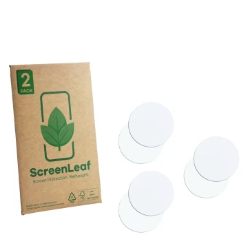Parte frontal de un envase de producto con el logotipo de la marca ScreenLeaf. Al lado está el protector de pantalla correspon
