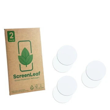 Parte frontal de un envase de producto con el logotipo de la marca ScreenLeaf. Al lado está el protector de pantalla correspon