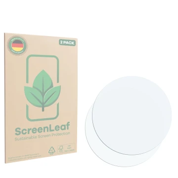 Parte frontal de un envase de producto con el logotipo de la marca ScreenLeaf. Al lado está el protector de pantalla correspon