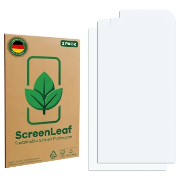 Parte frontal de un envase de producto con el logotipo de la marca ScreenLeaf. Al lado está el protector de pantalla correspon