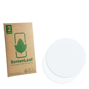 Parte frontal de un envase de producto con el logotipo de la marca ScreenLeaf. Al lado está el protector de pantalla correspon