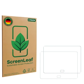 Parte frontal de un envase de producto con el logotipo de la marca ScreenLeaf. Al lado está el protector de pantalla correspon